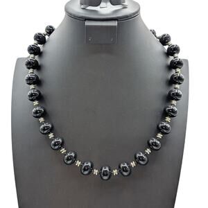 Vintage Black Oval Silver & Black Acrylic Spacer Bead 24.5" Necklace